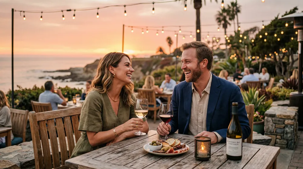 Couple enjoying date night at a South Bay coastal restaurant — the free time you get when a personal assistant handles everything else